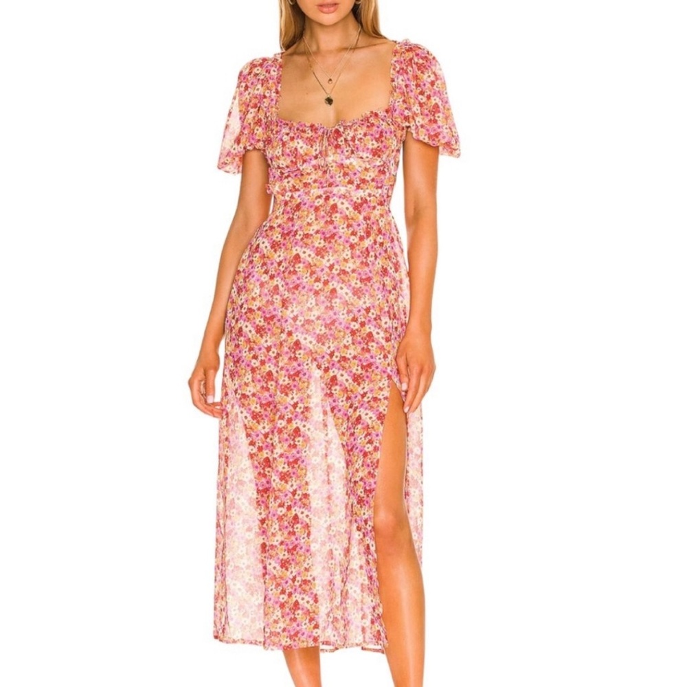 For Love and Lemons Felicia Midi Floral Tie Back Sheer Dress Size Medium $238